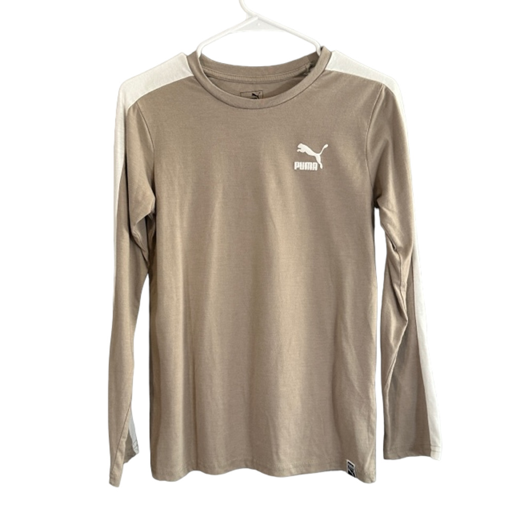 Puma Beige & White Long Sleeve Cotton Blend Casual T-Shirt Boys Sz L